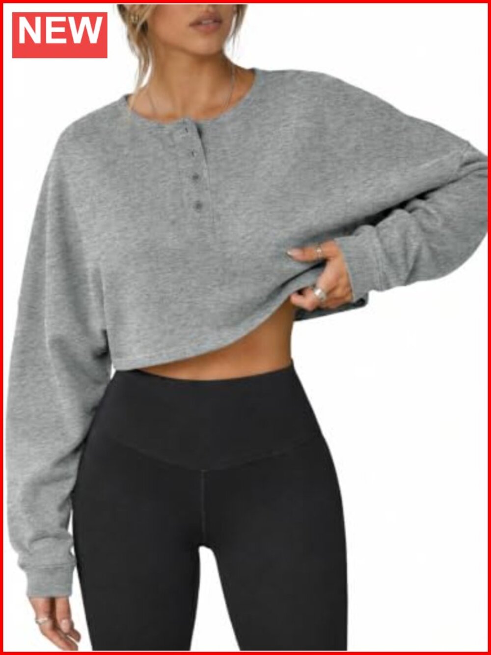 Cropped Sweatshirt Oversized Long Sleeve Henley Neck Pullover